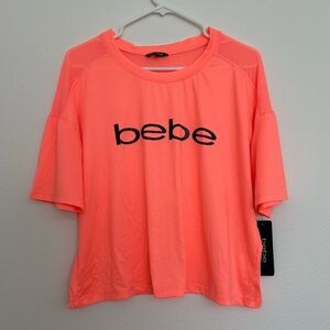 bebe Sport Neon Coral Logo Tee - Women's Short Sleeve Crewneck Size XL